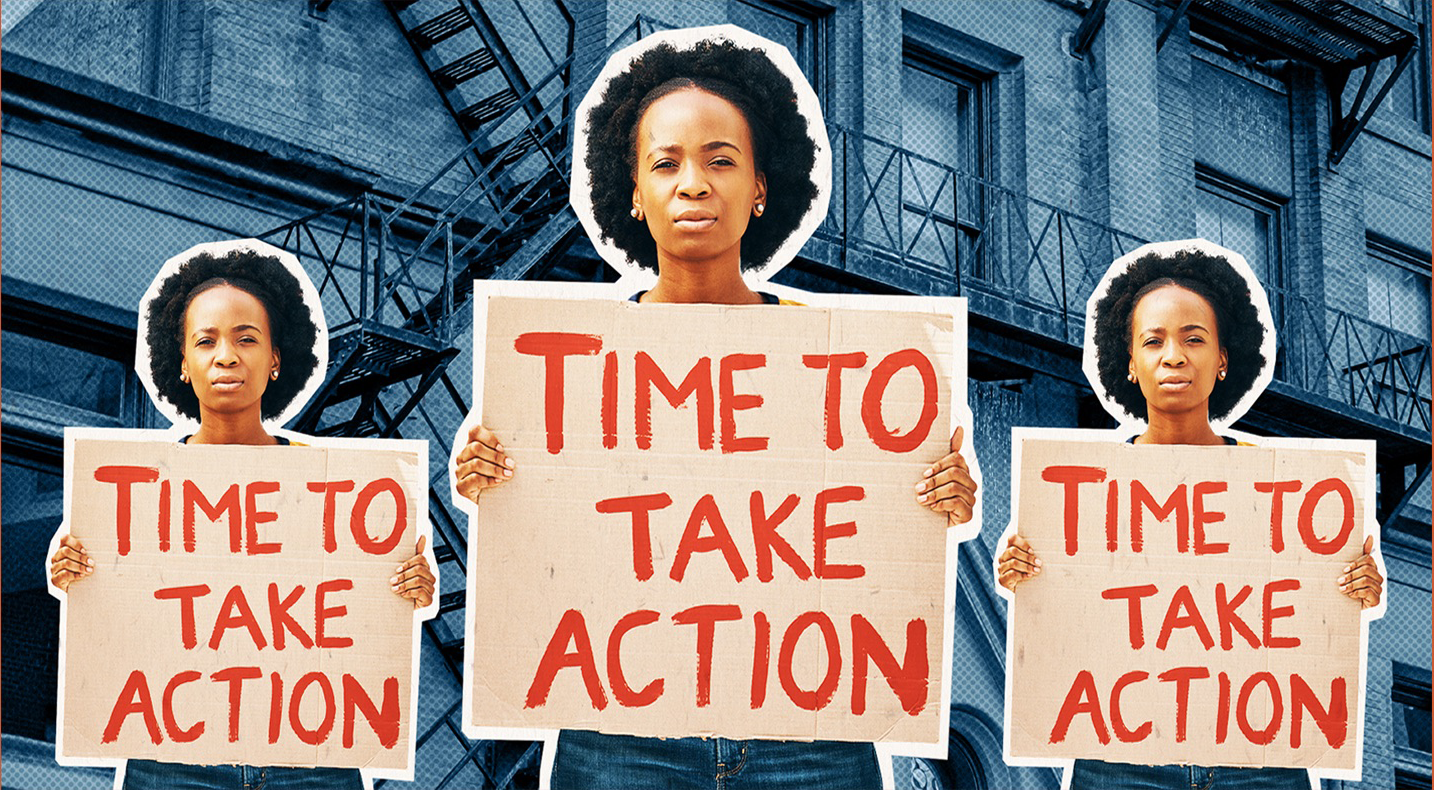 hub3_community Black woman holding sign that reads "Time to take action".